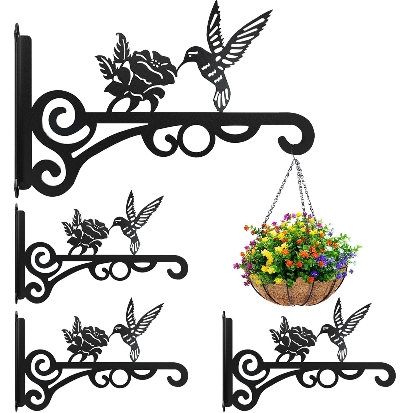 4-Pack 10 Inch Aesthetic Plant Hanger Indoor and Outdoor â Metal Hanging Plant Bracket with Hummingbird Pattern â Heavy Duty Plant Hooks for Hanging Flower Baskets, Bird Feeder, Wind Chime, Lantern