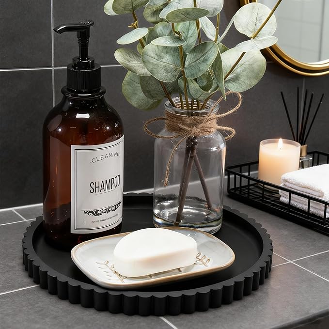 HighHerz Silicone Bathroom Countertop and Vanity Tray-10 Inch Round Silicone Bathroom Tray, Modern Bathroom Decor, Coffee Table Decor, Decorative Tray for Candle, Perfume, Plants (Black)