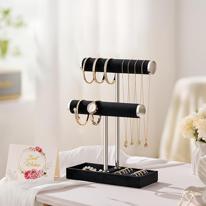 2 Tier Bracelet Holder Display - Detachable T Bar Black and Silver Velvet Bracelet Holder, Jewelry Holder Organizer for Bracelet, Necklace, Earrings, Rings
