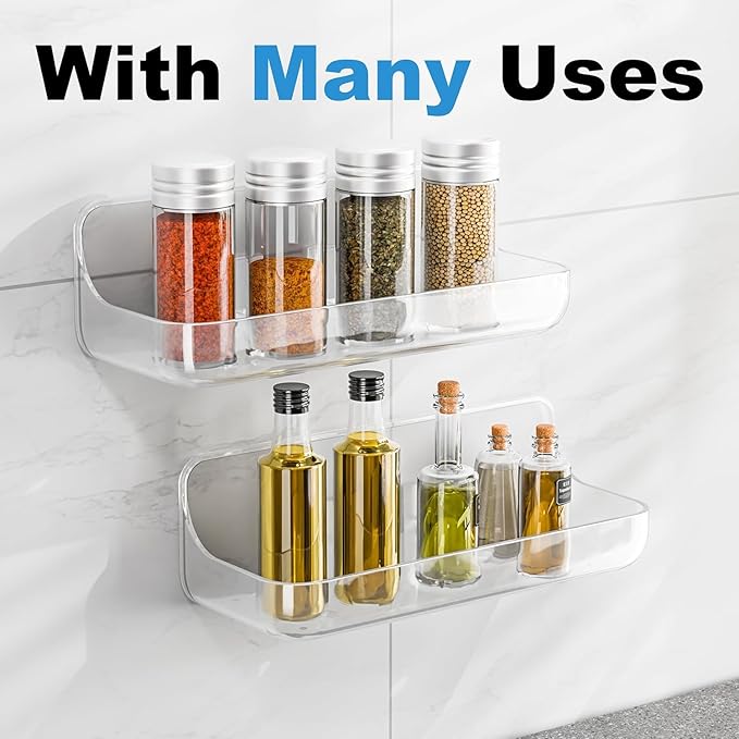 Adhesive Shower Caddy, 2 Pack Acrylic Bathroom Shelves, No Drill Wall Mount Organizer Storage Shelf