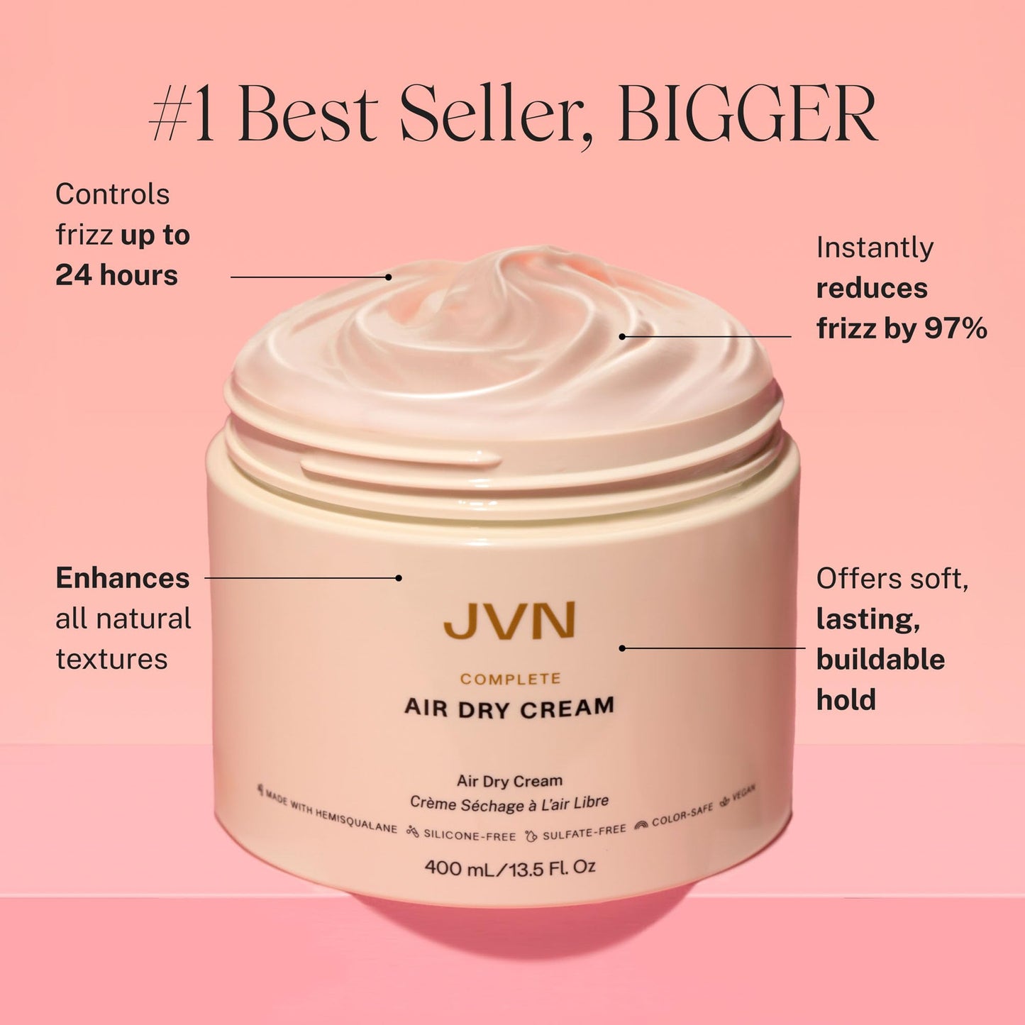 JVN No Heat Complete Air Dry Cream, 13.5 Fl Oz, Jumbo Size, Hair Smoothing Cream Enhances Your Natural Texture, Curl Cream and Wavy Hair Products, Haircare for Women and Men, Silicone Free