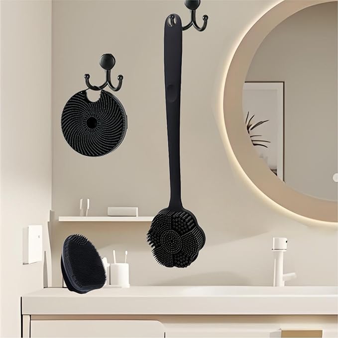 Back Scrubber & Face Scrubber Brush for Shower - 15 Inch Long Handle Double Sided Silicone Body Brush for Exfoliation & Massage, Soft Facial Cleansing Brush, Rich Lathering for Deep Cleansing (Black)