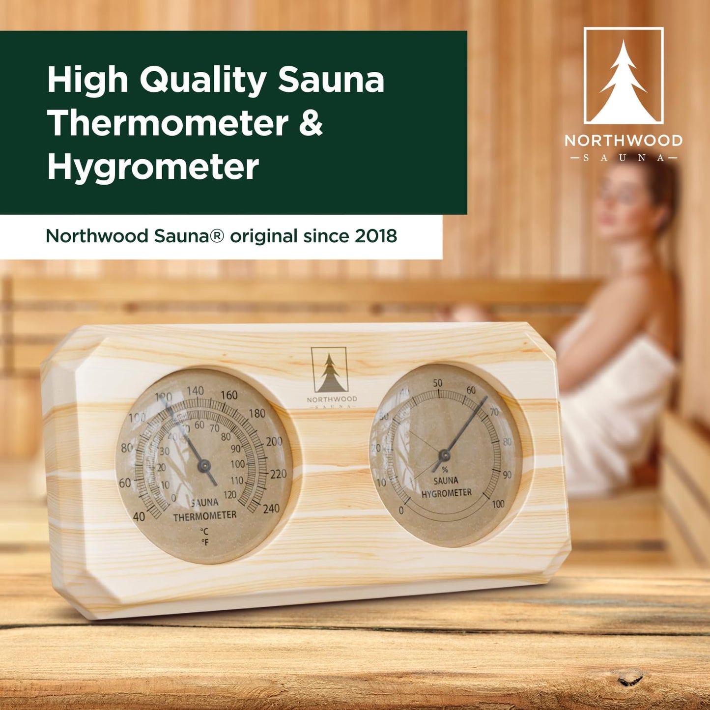 Northwood Sauna - Sauna Thermometer and Hygrometer 2 in 1 - Fahrenheit & Celsius - Handmade from Finnish Pine Wood - Luxurious Golden Metal Dials