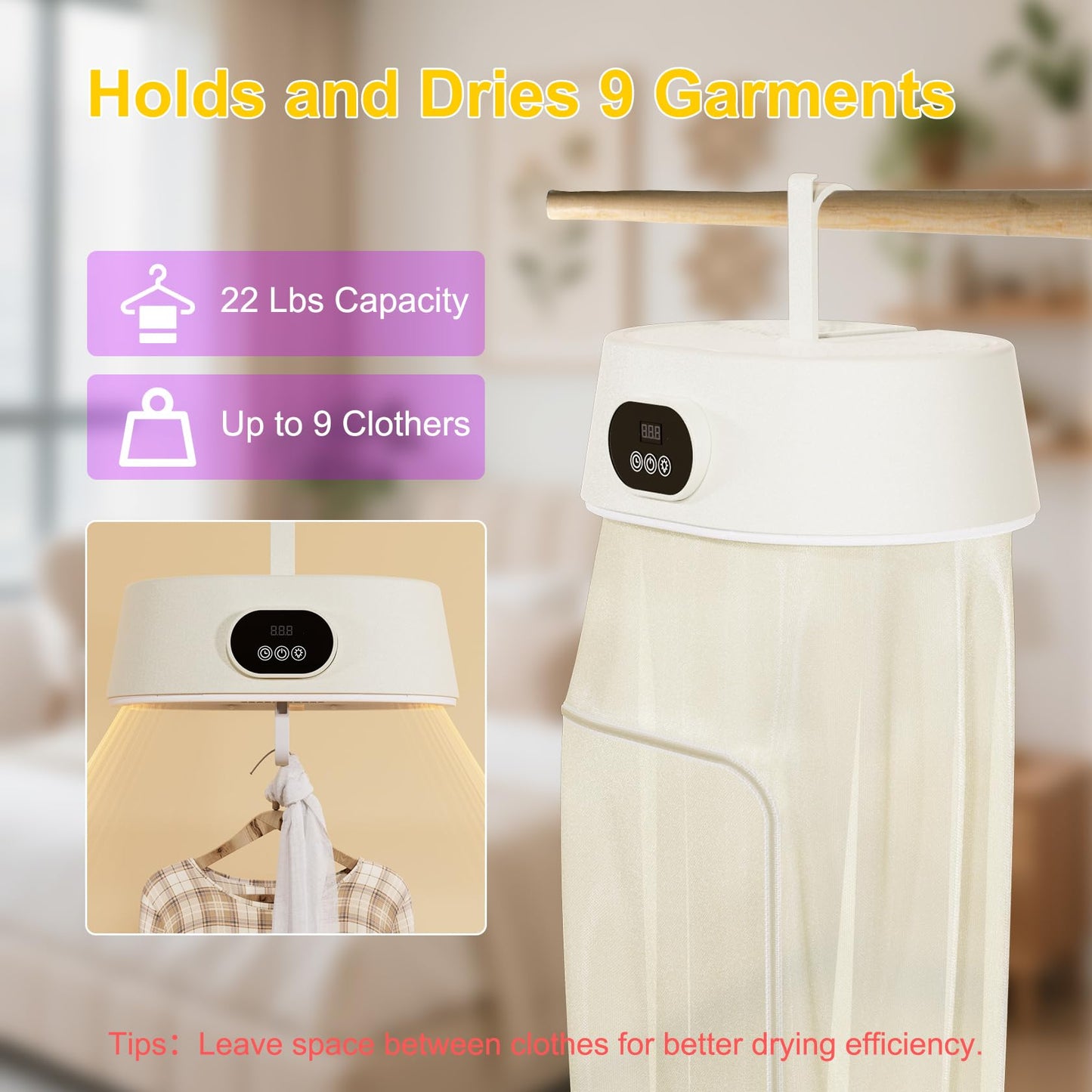 Fieldspark Portable Clothes Dryer, 2-in-1 Hanging & Desktop Drying Machine with Remote, 8H Timer, Foldable Compact Low Noise Fast-Drying Electric Dryer for Travel, Apartment, RV, Dorm, White