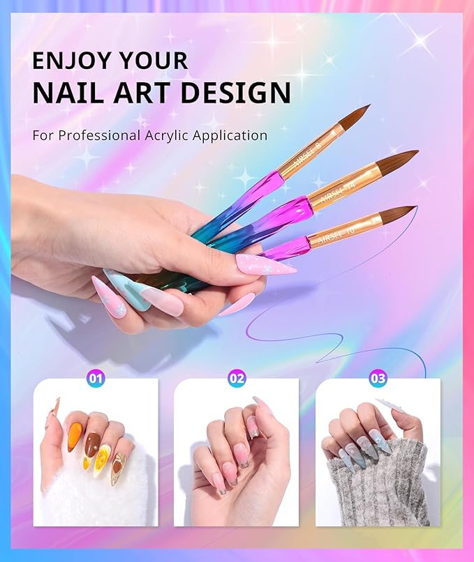 AIRSEE 3PCS Acrylic Nail Brush Set Size 8/10/14 Professional for Acrylic Application, Nail Extension, 3D Carving 3A+ Nylon DIY Salon Home, Colorful