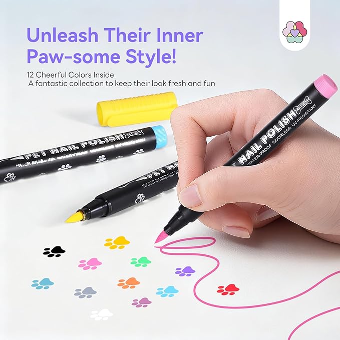 SAVILAND Dog Nail Polish Pens Quick Dry: 12 Colors Safe Pet Nail Art Polish Pens Set Brush Tip for DIY Dogs Cats Puppy Nails, Non Toxic, Odorless, Easy to Apply Home & Salon Use