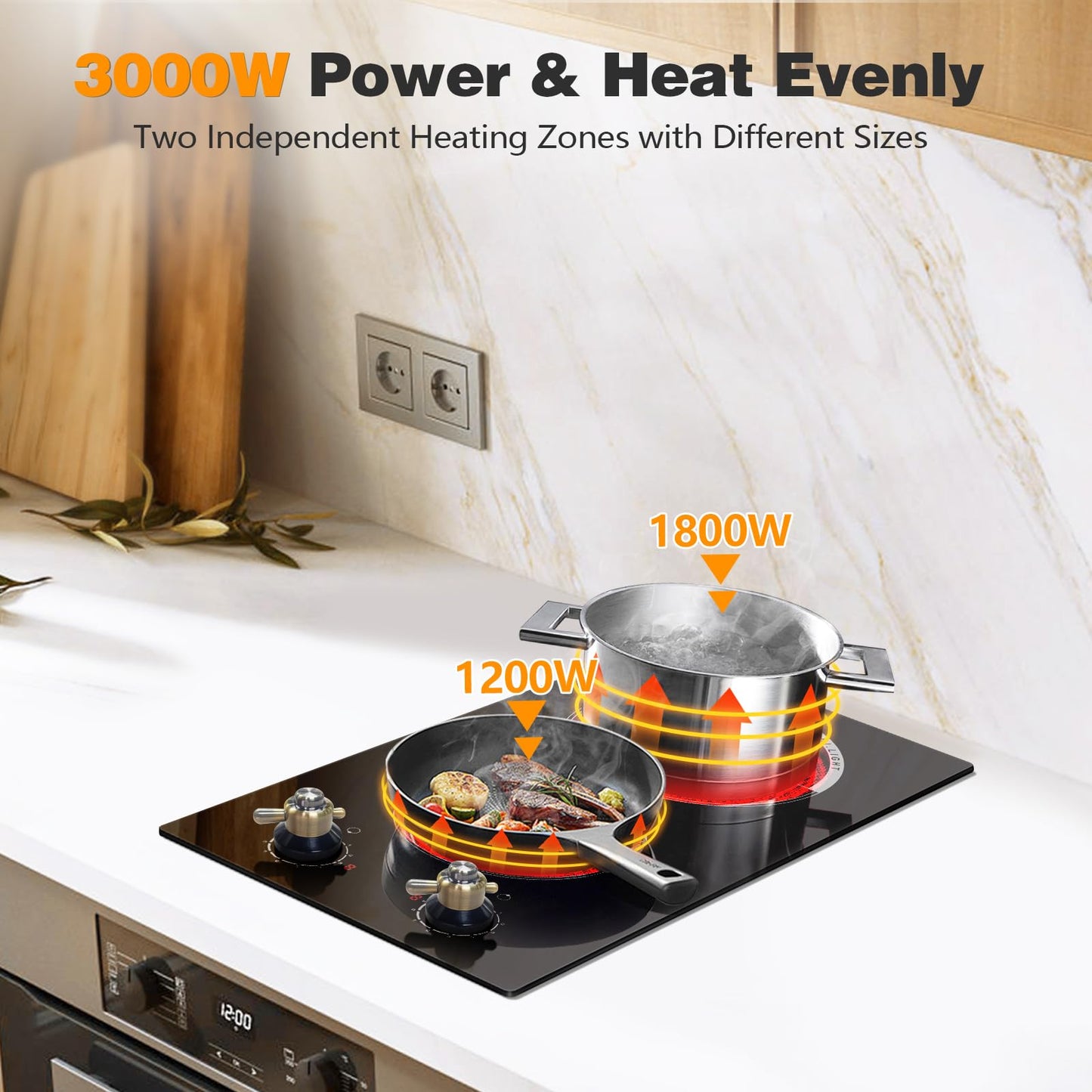 Cooksir 2 Burner Electric Cooktop - 12 Inch 220V Built-in Electric Stove Top 3000W, Ceramic Cook Top Radiant, 9 Power Heating Levels, Overheat Protection, Retro Knob, 220V - 240V Hard Wired (No Plug)