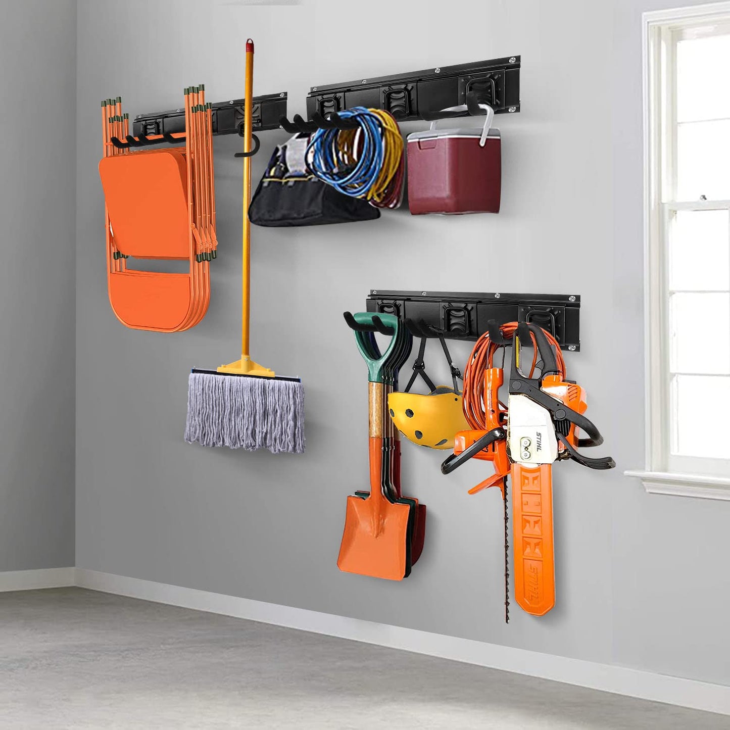 SMARTOLOGY Modular Heavy-Duty Steel Garage Tool Storage Rack - 150 lbs Weight Capacity Weather-resistant Powder-Coated Wall Mount Organizer for Shovels, Rakes, Ladders & Landscaping Equipment