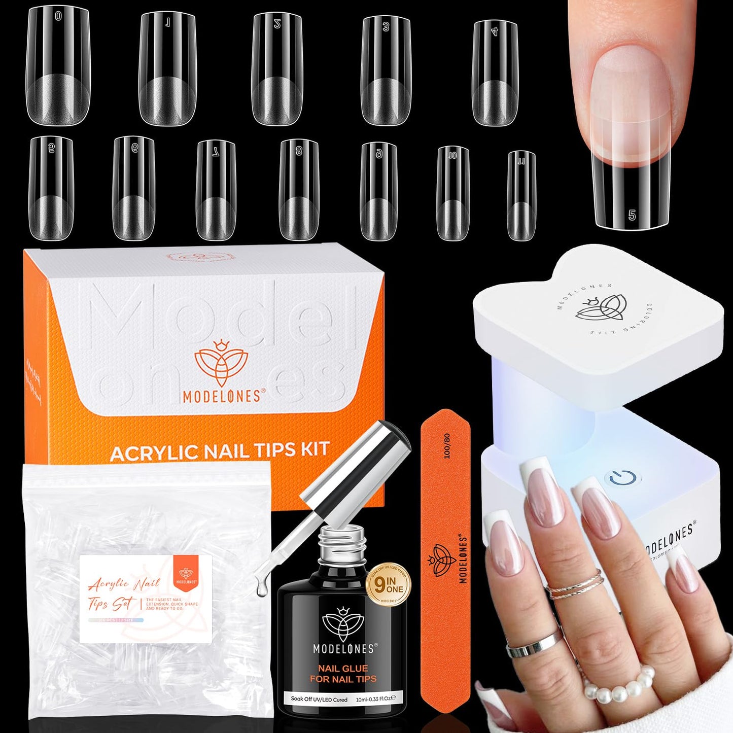 modelones X Nail Gel Kit Medium Square, 9-in-One Nail Glue with Mini UV Light 216Pcs 12Sizes Pre-Etched Press ons Fake Acrylic Extension Kit DIY Salon Gift