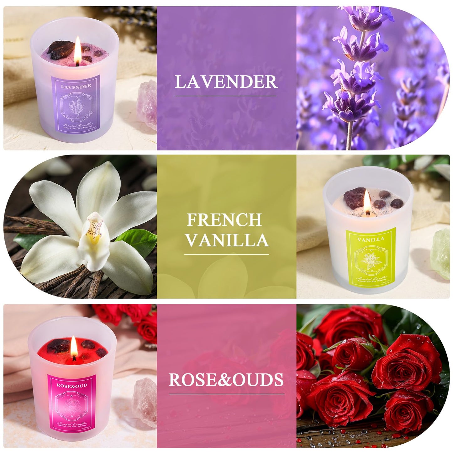 3 Soy Scented Candles for Women- 15OZ Candles for Home Scented with Crystals, Lavender/Vanilla/Rose Aromatherapy Candle Set for Bithday Gifts, Mother's Day, Anniversary, Christmas