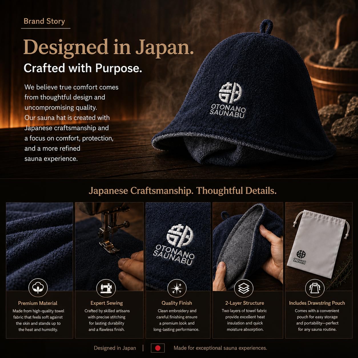 OTONANOSAUNABU Navy Sauna Hat – Japanese Design, 100% Wool Felt,Double-Layer Reversible Sauna Cap for Men & Women,Heat Protection Finnish Banya Hat