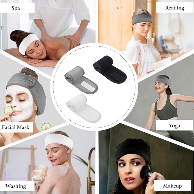 3 Pack Adjustable Spa Facial Headband, Ultra Soft Cotton Spa Hair Wrap, Adjustable Non-Slip Terry Cloth Bath Headband Non Slip for Washing Face, Makeup and Shower