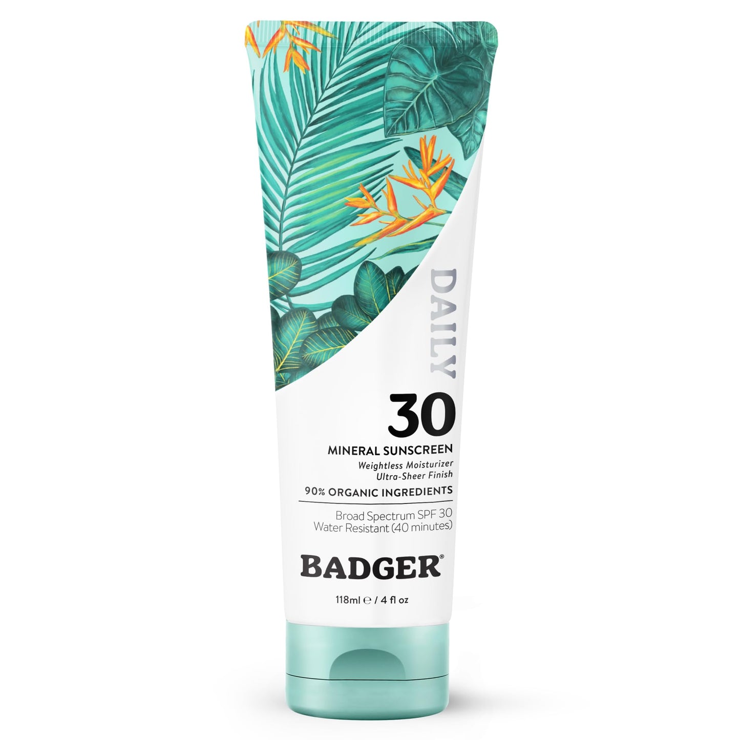 Badger Mineral Daily Sunscreen with Zinc Oxide, SPF 30, Lightweight & Easy to Apply w/No White Cast, Moisturizing Organic Sunscreen, Reef Safe, Vegan, Unscented, 4 fl oz
