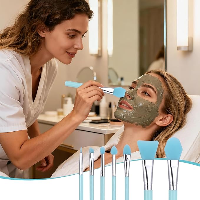 7 Pcs Silicone Brush Applicator Kit, Flexible Soft UV Epoxy Art Crafting, Facial Skincare Tools, includes Facial Mask Spatula, for Cream Makeup Face Mud Clay Mask Moisturizers (Blue)