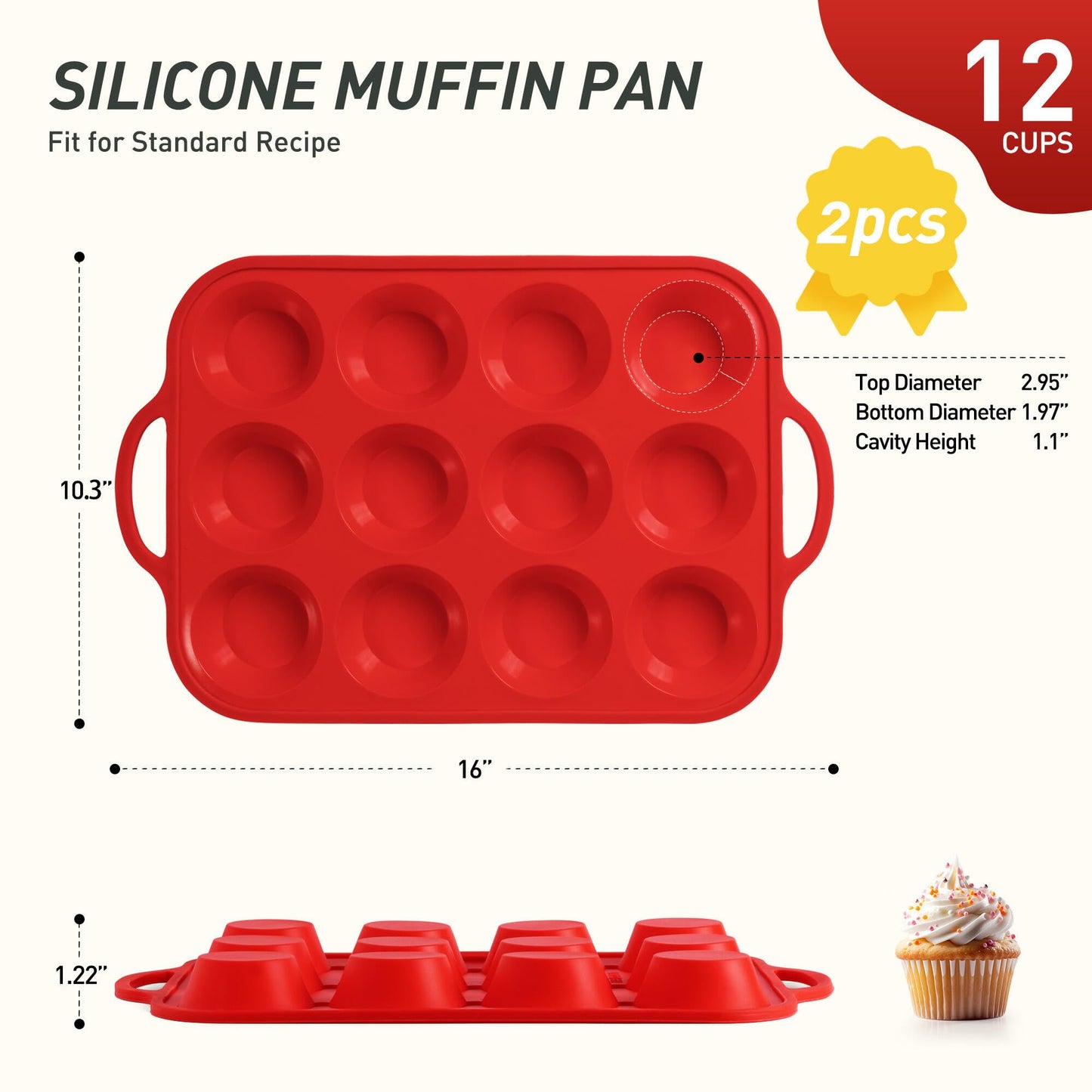 2 Packs 12 Cups Silicone Muffin Pan with Metal Reinforced Frame Regular Size Cupcake Pan Tray Silicone Molds Muffin Tin Tart Pans Moldes Para Gelatinas De Figuras Grandes Individuales Hornear Pasteles