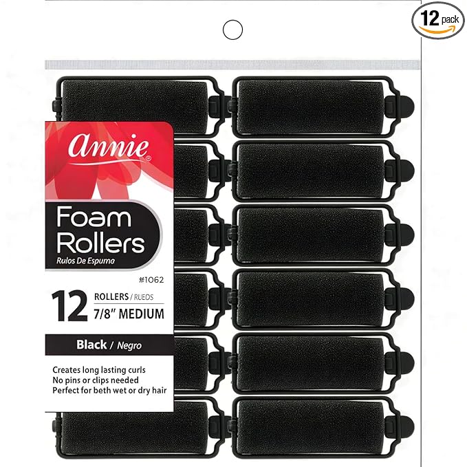 Annie Foam Hair Rollers 7/8 Inch Medium, 12 Count Soft Sponge Curlers for Heatless Curls, No Pins or Clips Needed, For Wet or Dry Hair, Tight Defined Curls