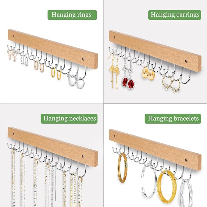 Necklace Holder Wall Mounted Jewelry Organizer - 2 Pack Wooden with 28 Rotating 180° Hooks for Hanging Earring & Ring Bracelet Storage, Decorative Space-Saving Jewelry Display (Natural)