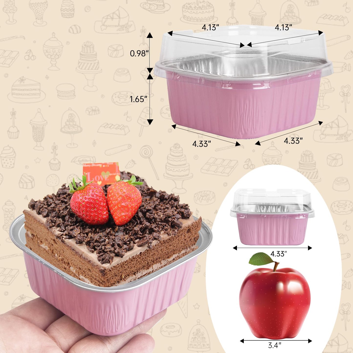 50 Pcs Mini Square Baking Cups with Lids,10oz Aluminum Foil Mini Cake Pans with Lids,Disposable Ramekins Cake Pans,300ml Dessert Cups Cupcake Pans for Wedding Birthday Party,Pink