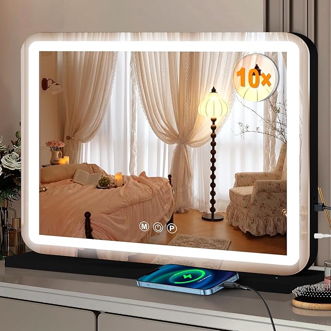 23"x18" Black Vanity Mirror with Lights, Led Makeup Mirror, Lighted Makeup Mirror with 3 Color Dimmable Lights, Smart Touch Screen Control, Aluminum Metal Frame,USB Charging Port
