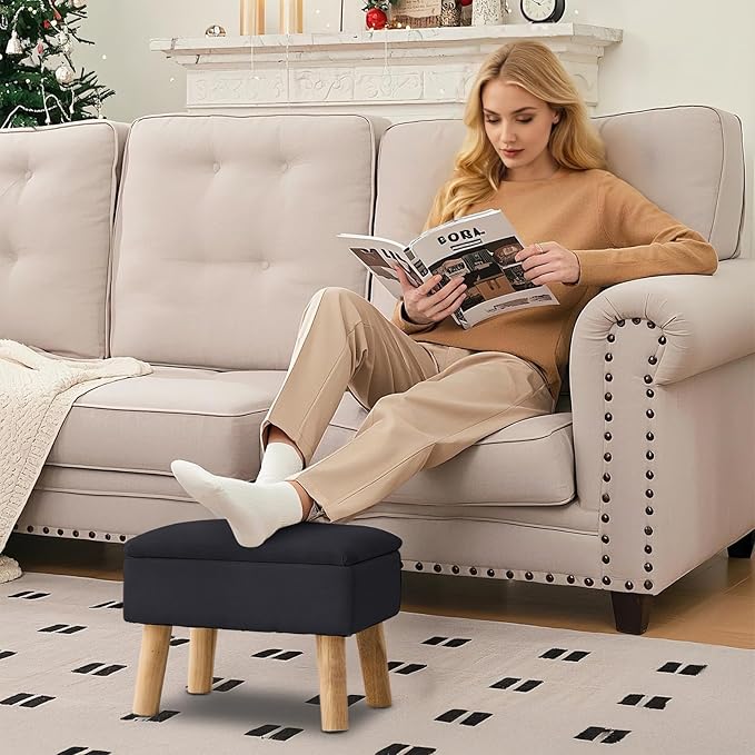 Storage Ottoman, Small Foot Stool Ottoman with Storage, Linen Foot Rest with Wood Legs, Footstool for Living Room, Bedroom, Entryway, Black