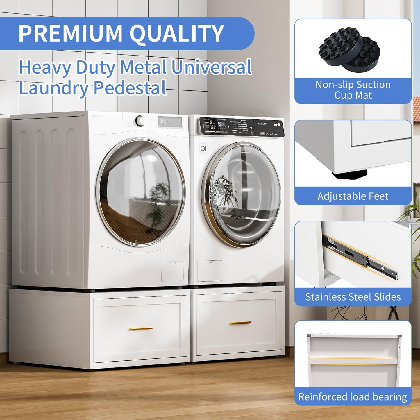 IYANEN 28” W Washer Dryer Pedestal, Heavy Duty Metal Washer Pedestal with Drawer, 440LBS Universal Laundry Pedestal, Washing Machine Stand with Adjustable Feet, 16'' Height (1pack-White)