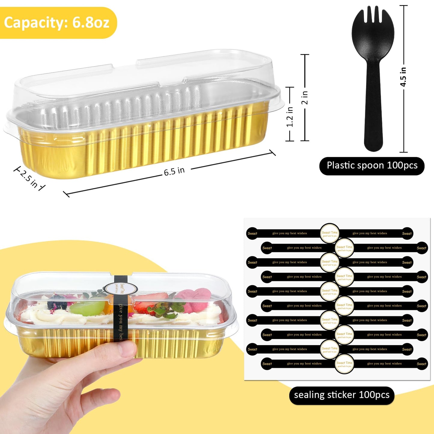 EgticHome Mini Loaf Pans with Lids and Spoons (100 Pack, Gold, 6.8oz) Rectangular Aluminum Foil Baking Pans