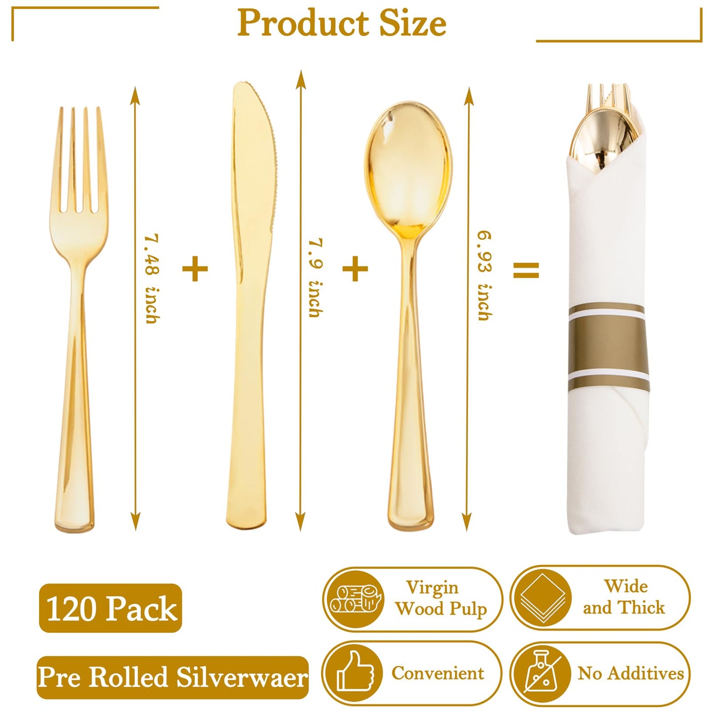 Supernal 120Pack Gold Plastic Silverware Wrapped Plastic Cutlery Set with Napkin,Pre Rolled Napkins with Cutlery Set,Rolled Silverware Disposable For Halloween Thanksgiving Christmas