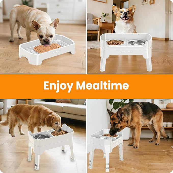 URPOWER 3-in-1 Elevated Dog Bowls - Mess Proof Double Deck 4 Height Adjustable Raised Stand with 2 Stainless Steel Food Bowls & Licking Plate for Small, Medium & Large Dogs