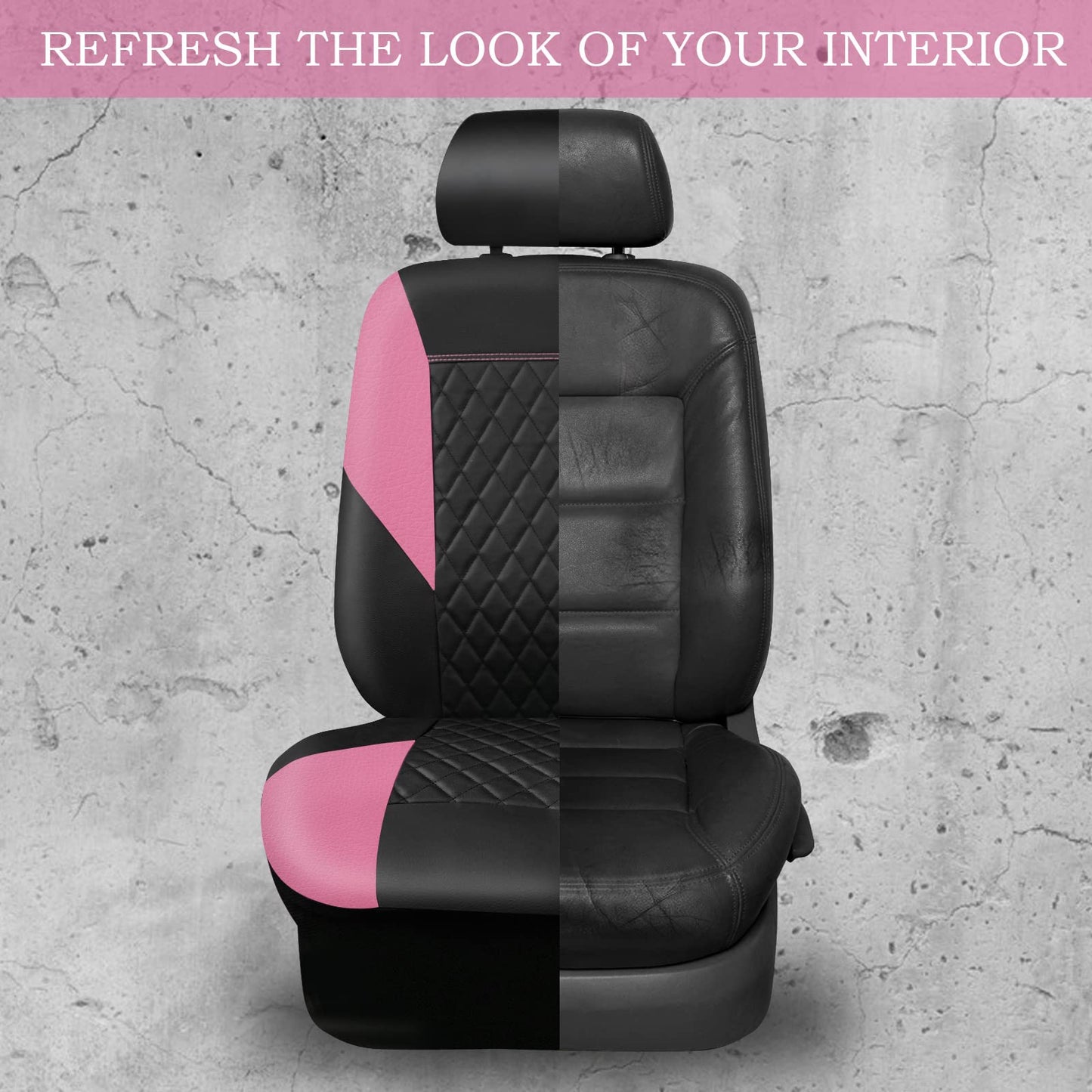 CAR PASS Pink Leather Seat Covers,Girly Quilting Pretty Cute Car Seat Cover with 5mm Composite Sponge Inside,Airbag Compatible, Universal Fit for Most Sedan,SUV,Vans(Full Set,Pink)