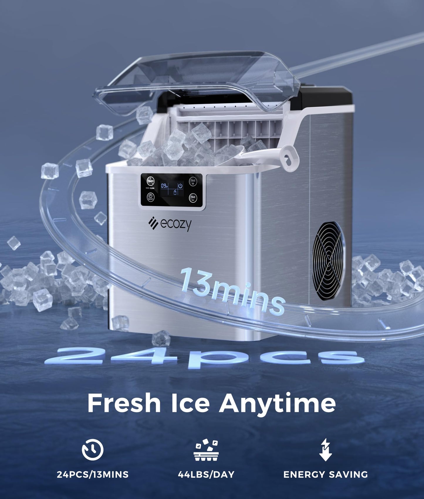 ecozy Ice Cube Makers Countertop, 45 lbs Per Day Portable Ice Machine, 24 Cubes Ready in 13 Mins, Self-Cleaning Function, Perfect for Home Kitchen Bar Office, Stainless Steel