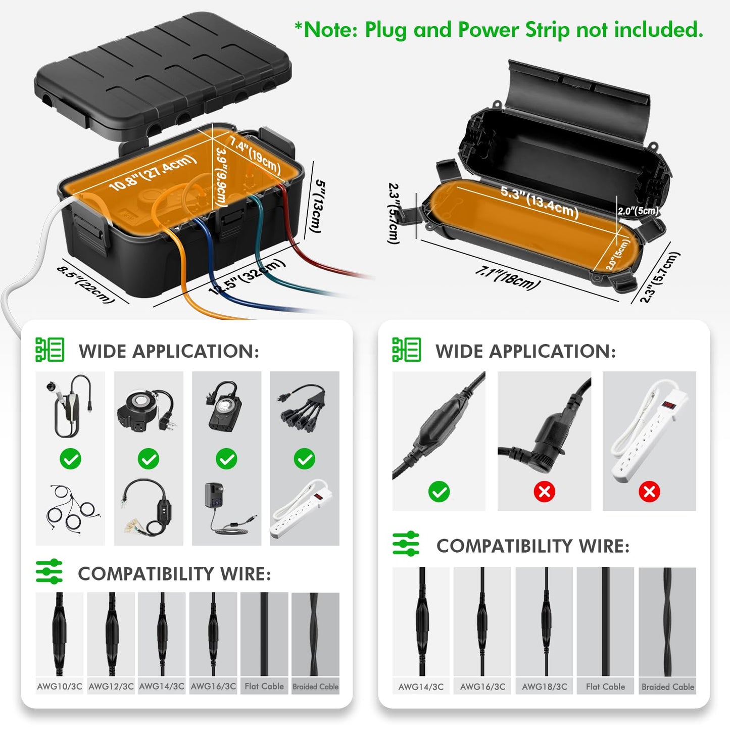 RESTMO IP54 Extra Large Outdoor Box w/ 6 Cable Seal Entry, Bundle w/ 4 Small Weatherproof Extension Cord Safety Cover, Protect Power Strip, Timer Outlet Plug, Christmas Decoration, Black.