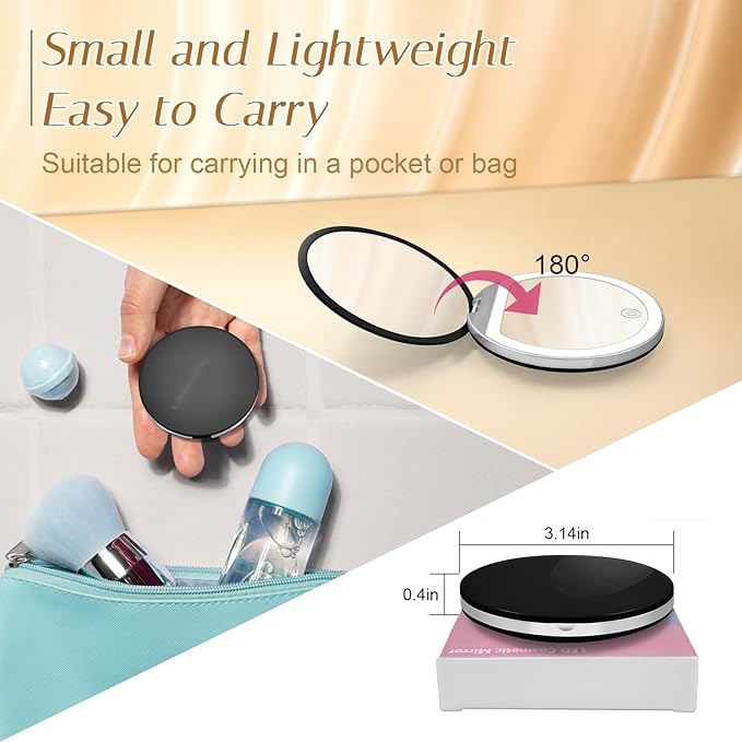 Kakuje Compact Mirror with Light, 1X/3X Magnification LED Pocket Mirror with USB Data Cable,Mini Mirror for Purse, Pocket,Travel and Present (Black)