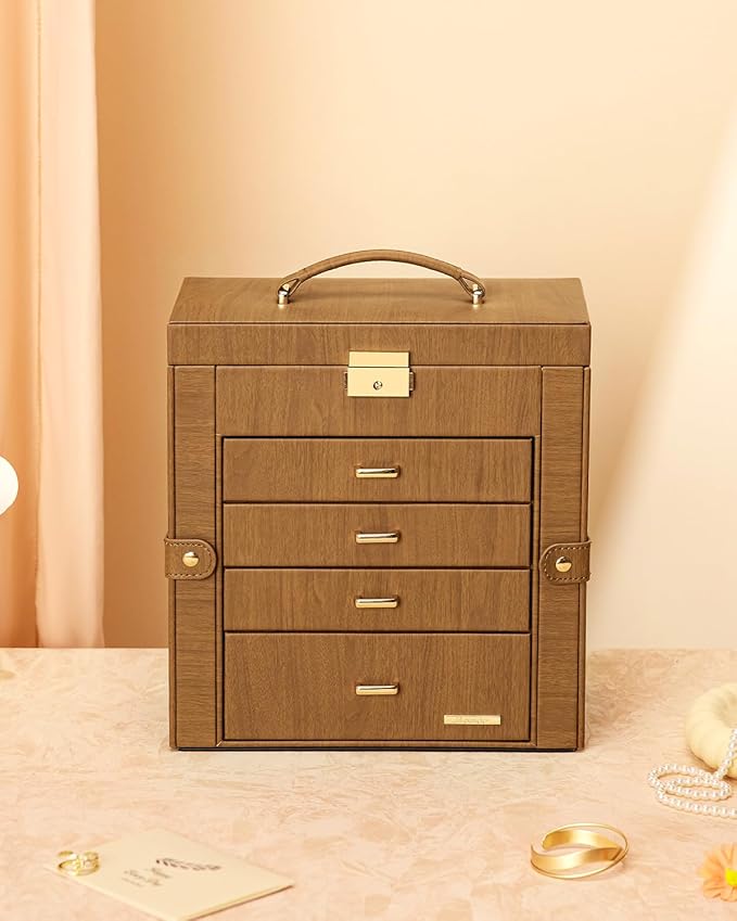 Homde Synthetic Leather Huge Jewelry Box Mirrored Watch Organizer Necklace Ring Earring Storage Lockable Gift Case (Brown + Gold)