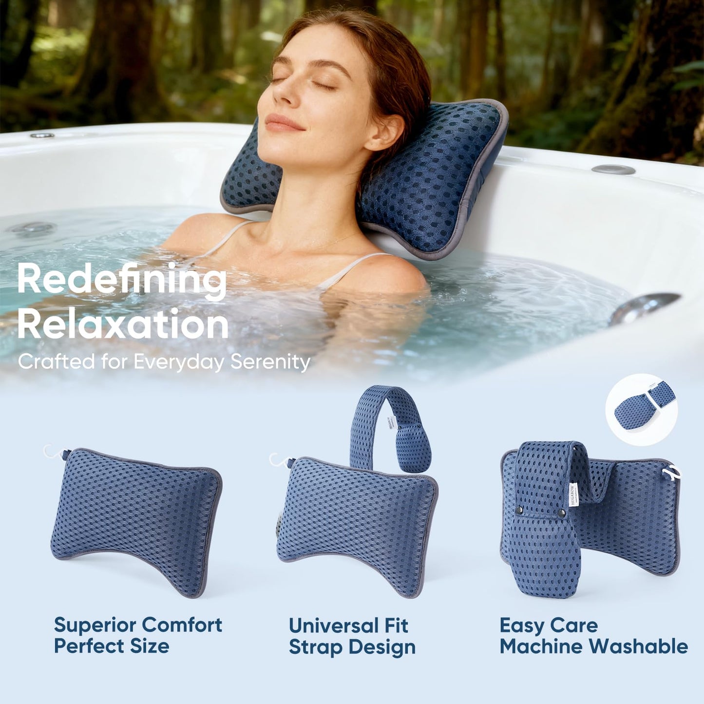 HUGABOW 2-Pack Large Pillows for Hot Tub (Blue), Spa & Chaise Lounge – Universal Headrest & Neck Support Cushion with Removable Weighted Pouch, Long Strap for Height Adjustment & Easy-Dry Hook