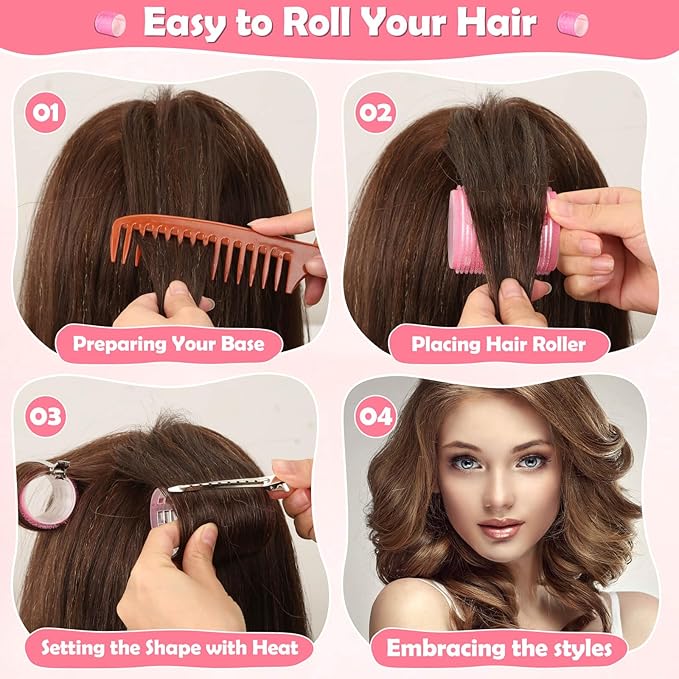 Thermal Jumbo Rollers Hair Curlers Set with Clips - 24 Large Self-Grip Rollers for Volume and Curls on Long, Medium, Short Hair (63mm, 48mm, 36mm)