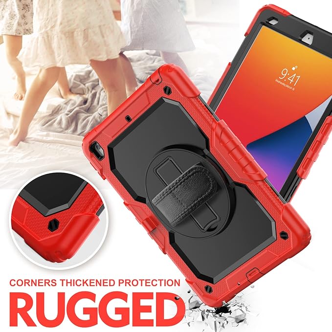 BLOSOMEET Case for iPad 9th Generation 8th Generation 2021 2020 10.2 Inch with Tempered Glass Screen Protector & Pencil Holder, Kids iPad 10.2 7th Gen Cover 2019 w/Stand Hand Shoulder Strap,Red