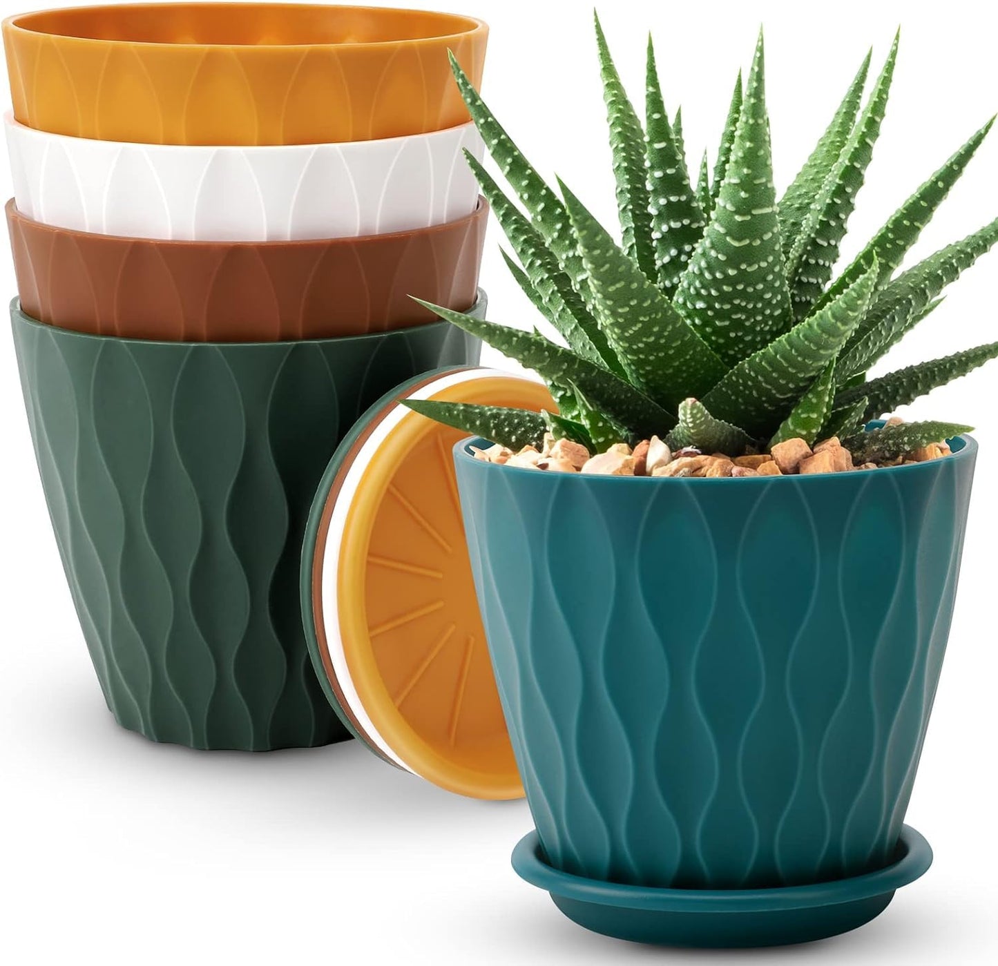 YNNICO 6 inch Plant Pots, 5 Pack Flower Pots Outdoor Indoor, Planters with Drainage Holes and Tray Saucersï¼Multicolorï¼