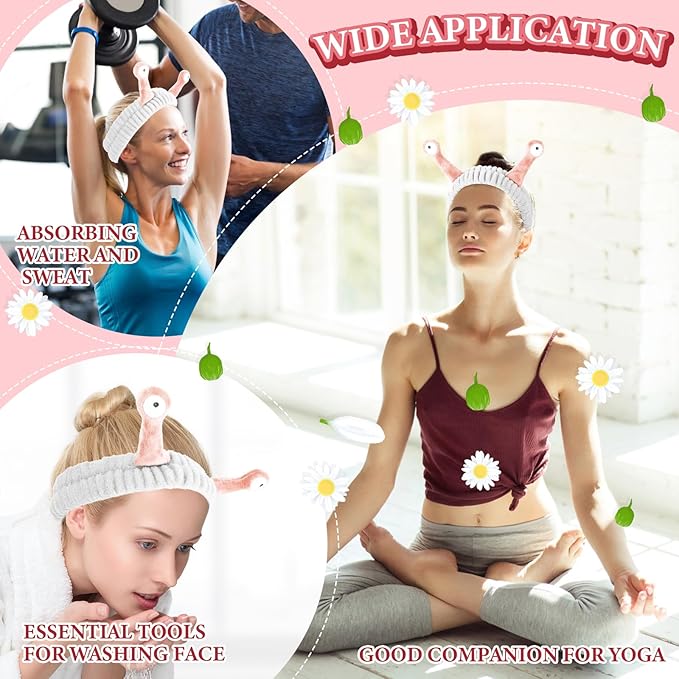 Face Wash Headband, Palm and Snail Spa Hair Bands Makeup Headbands Women Cartoon Cute Coral Fleece Elastic Headband Creative Hair Accessories for Washing Face Shower Sports (Pink&White)
