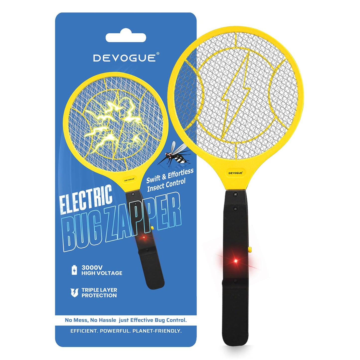 DEVOGUE® Electric Fly Swatter - Weight Like Apple - 2AA Battery Powered (not incl.) - 3-Layer Protection Grid Bug Zapper Racket for Home Bedroom Kitchen Office Backyard Patio Indoor Outdoor