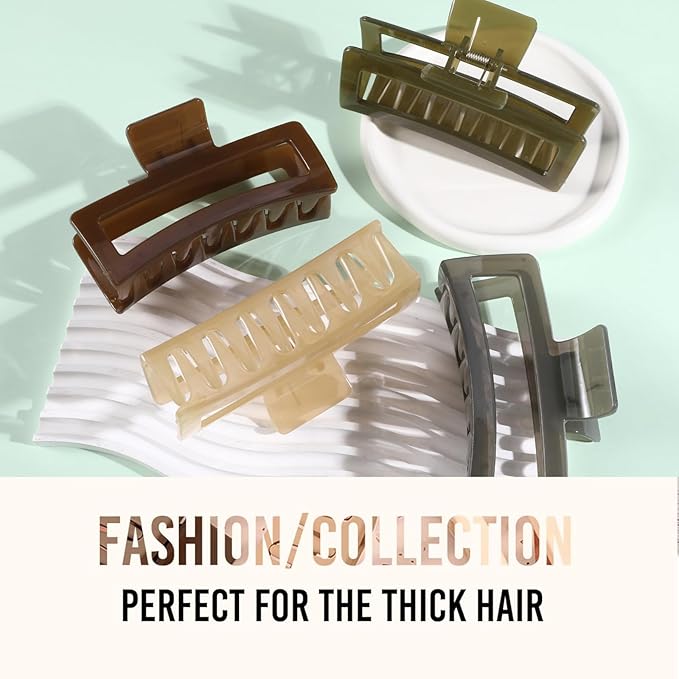 5 Inch Extra Large Claw Clips for Thick and Long Hair, 4 Pack XL Jumbo Clear Jelly Rectangle Hair Clips, Oversized Matte Non-Slip Strong Hold Jaw Clips for Women in Brown, Grey, and Light Green