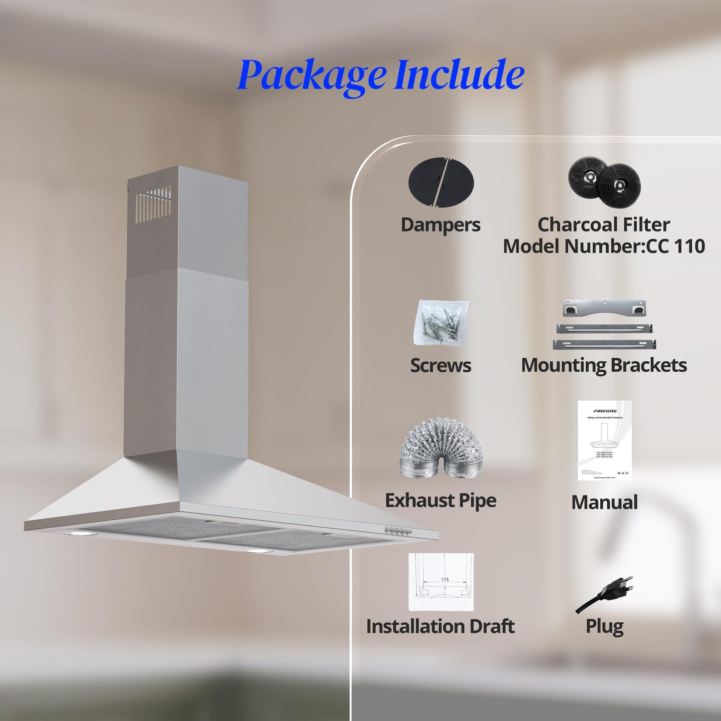 FIREGAS Range Hood 30 inch, Wall Mount Range Hood with LED Lights, 3-Speed Exhaust Fan, Ducted/Ductless Convertible, Aluminum Mesh Filters, Button Controls, Stainless Steel Kitchen Vent Hood