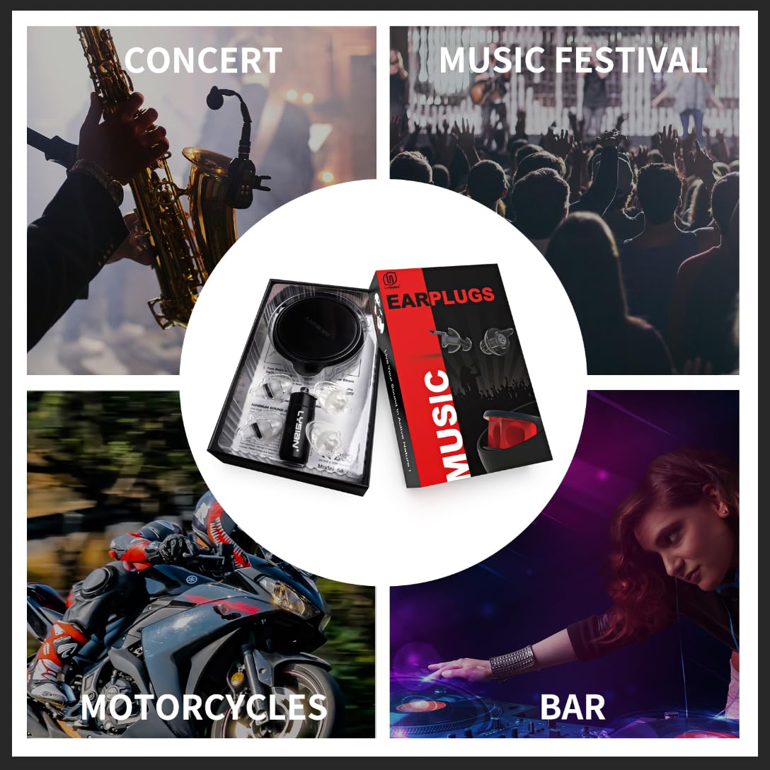 LYSIAN High Fidelity Concert Ear Plugs, 23dB Noise Reduction Musician Earplugs for Festivals, DJs, Drummers, Raves and Motorcycle Riding, Reusable Hearing Protection, 2 Pairs with Carrying Case