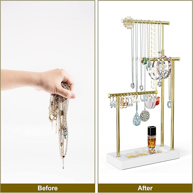 SRIWATANA Jewelry Organizer Display Extra Tall Necklace Holder 3 Tier Jewelry Tree Stand, Gift Idea (White & Gold)