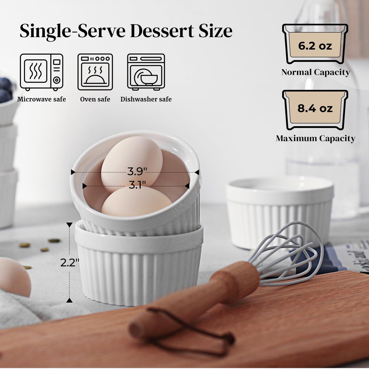 DOWAN Ramekins 6 oz Oven Safe for Creme Brulee Souffle, Porcelain Ramekin for Baking, Classic Style Small Bowls Souffle Dishes Custard Cups for Dipping Sauce, Set of 6, Soft White