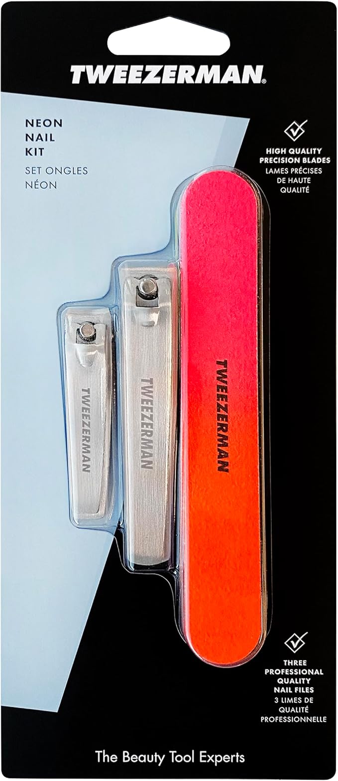 Tweezerman Stainless Steel Nail Clipper Combo Set with Three Neon Nail Files