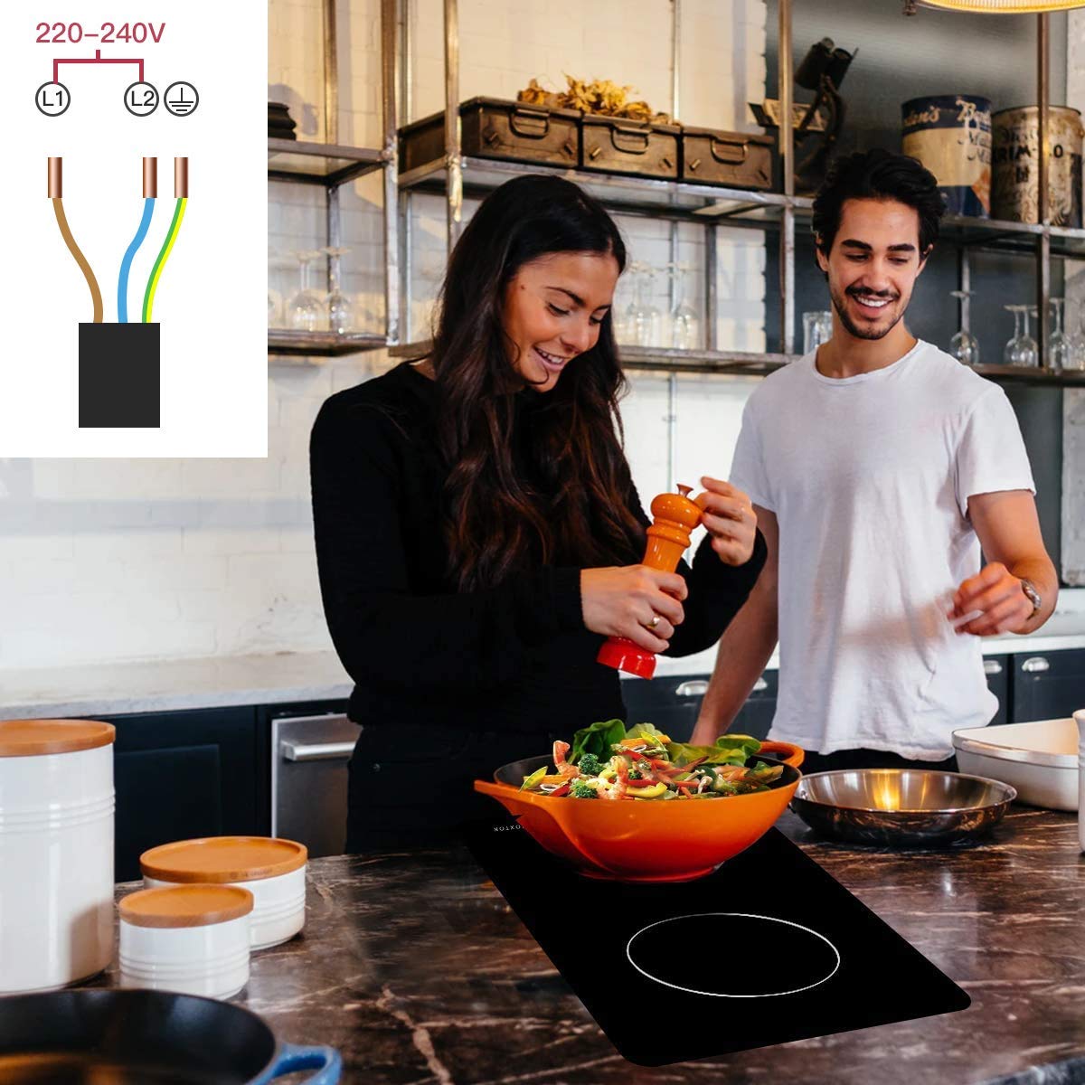 Noxton 30”Electric Cooktop with Downdraft Vent, 4 Burner Radiant Stove Top, 6000W, 240V Hardwired, 9 Heat Settings, 99-Min Timer, Pause & Child Lock(No Exhaust Pipe Required)