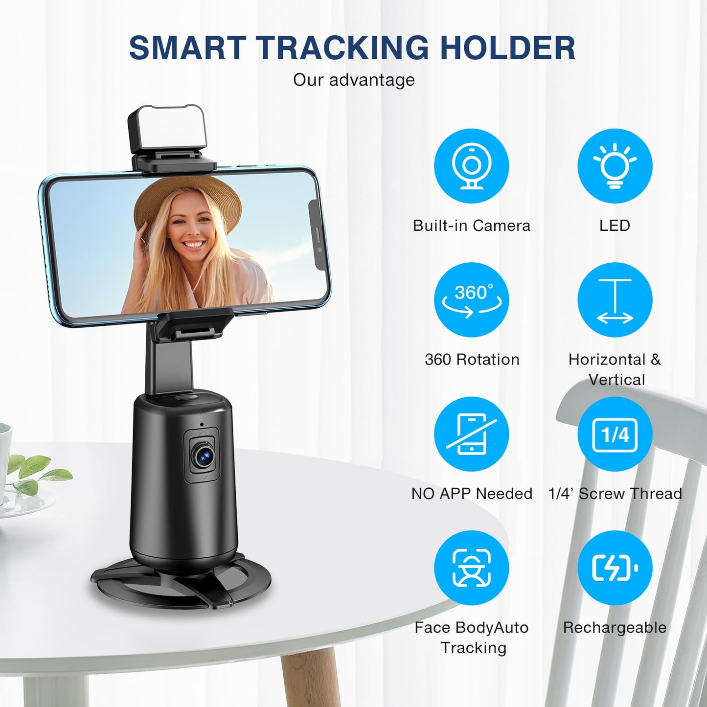 Auto Face Tracking Tripod 360° Rotating Cell Phone Photo and Video Kits Stand, No App, Camera Stand with Remote and Gesture Control, Rechargeable Smart Shooting Stand for Live Recording Tiktok(Black)