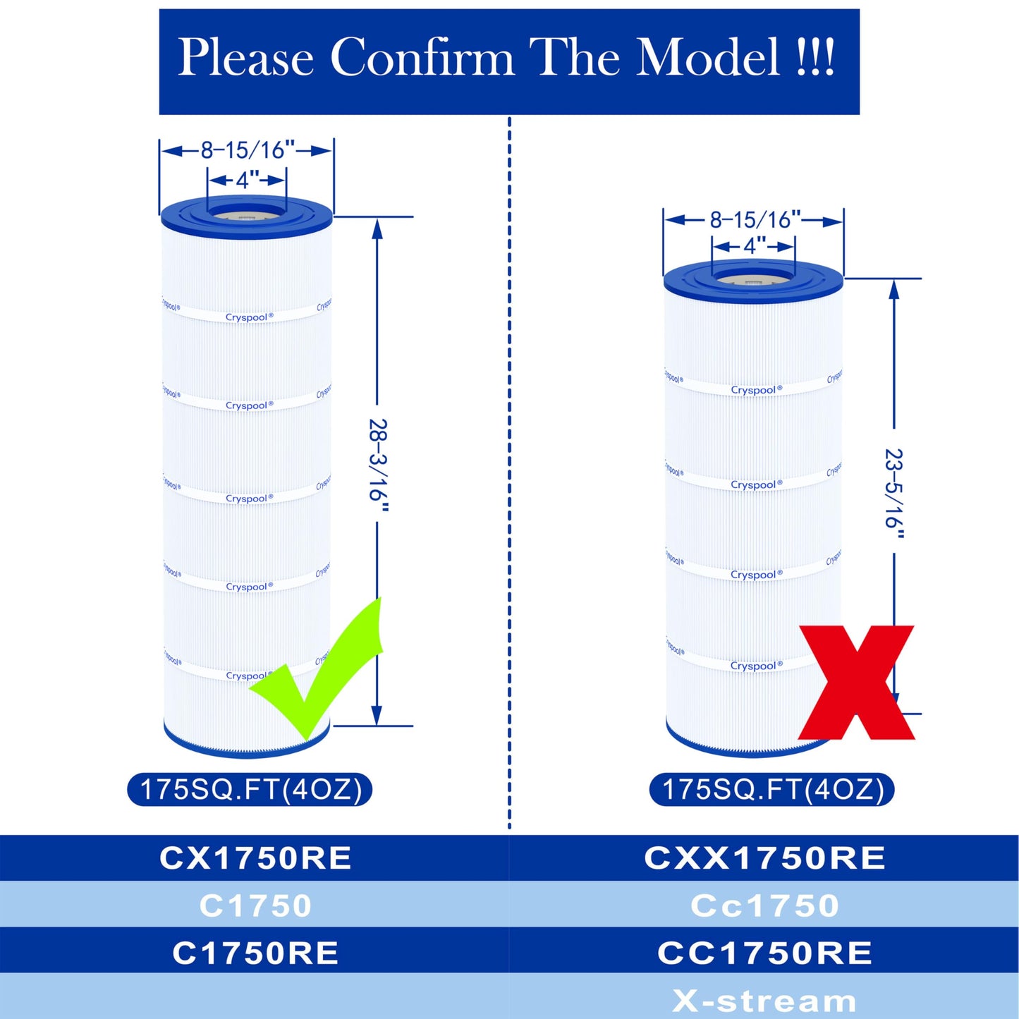 Cryspool® 08060 Filter Compatible with CX1750RE, C1750, C1750E, C1900RE, PA175, C-8417, FC-1294, 817-0175P, 175 Sq. Ft Pool Filter Cartridge, 1 Pack