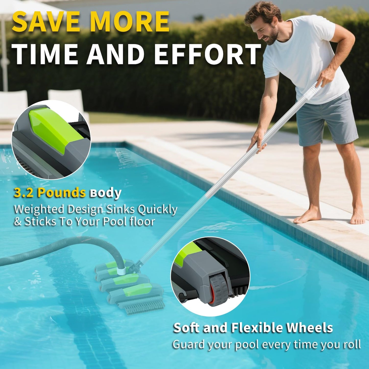 ROMIVO Heavy Duty Pool Vacuum Head with Soft Wheels, 17.5" Extra-Wide & 3.2LB Weighted, Flexible Side & Bottom Brush, Fit for 1.25" & 1.5" Hose, Deep Cleaning for Inground & Above Ground Pool, Gray