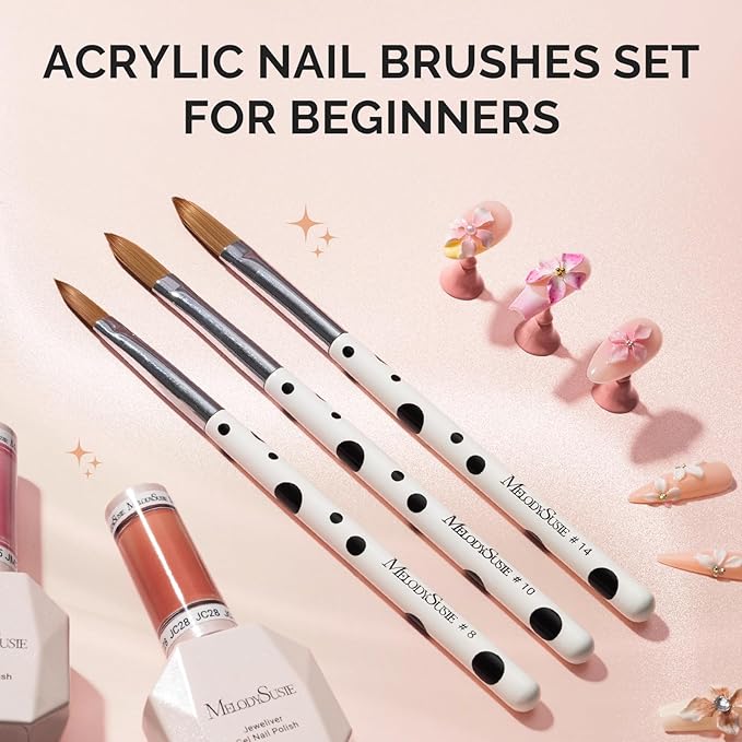MelodySusie 3Pcs Acrylic Brush Set, Size 8/10/14 Professional Pen for Nail Application, Powder Art Extension and 3D Carving - DIY Home Salon
